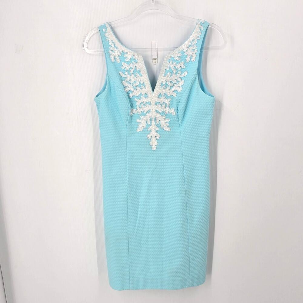 Lilly Pulitzer Gabby Shift Dress Seasalt Blue Beaded Sequin Neckline Sleeveles 4
